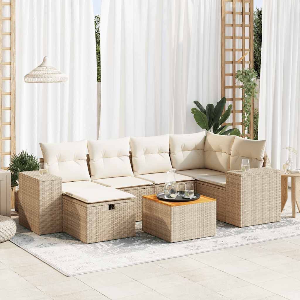 7-tlg. Garten-Sofagarnitur mit Kissen Beige Poly Rattan