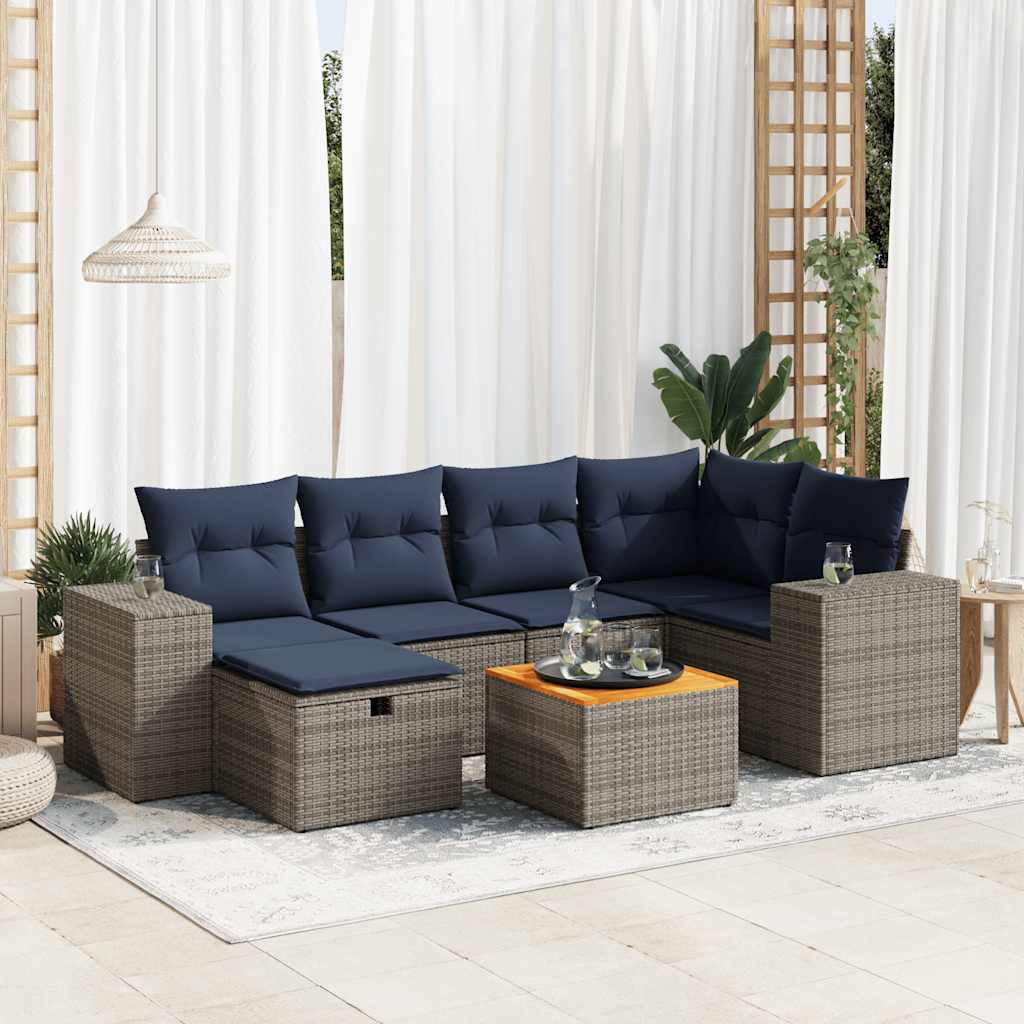 7-tlg. Garten-Sofagarnitur mit Kissen Grau Poly Rattan