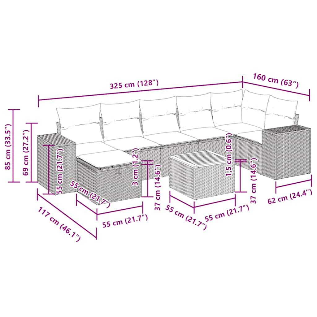 8-tlg. Garten-Sofagarnitur mit Kissen Grau Poly Rattan