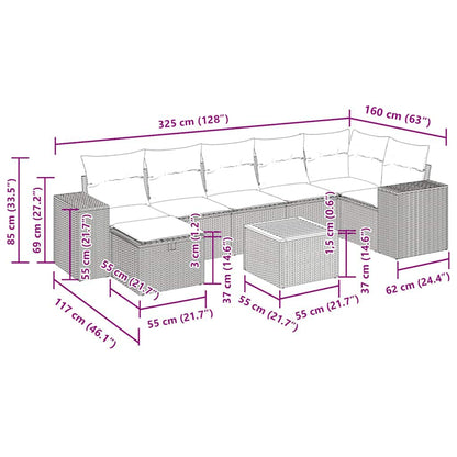 8-tlg. Garten-Sofagarnitur mit Kissen Grau Poly Rattan