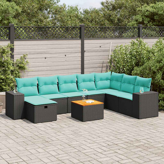 9-tlg. Garten-Sofagarnitur mit Kissen Schwarz Poly Rattan