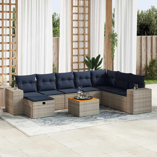 9-tlg. Garten-Sofagarnitur mit Kissen Grau Poly Rattan