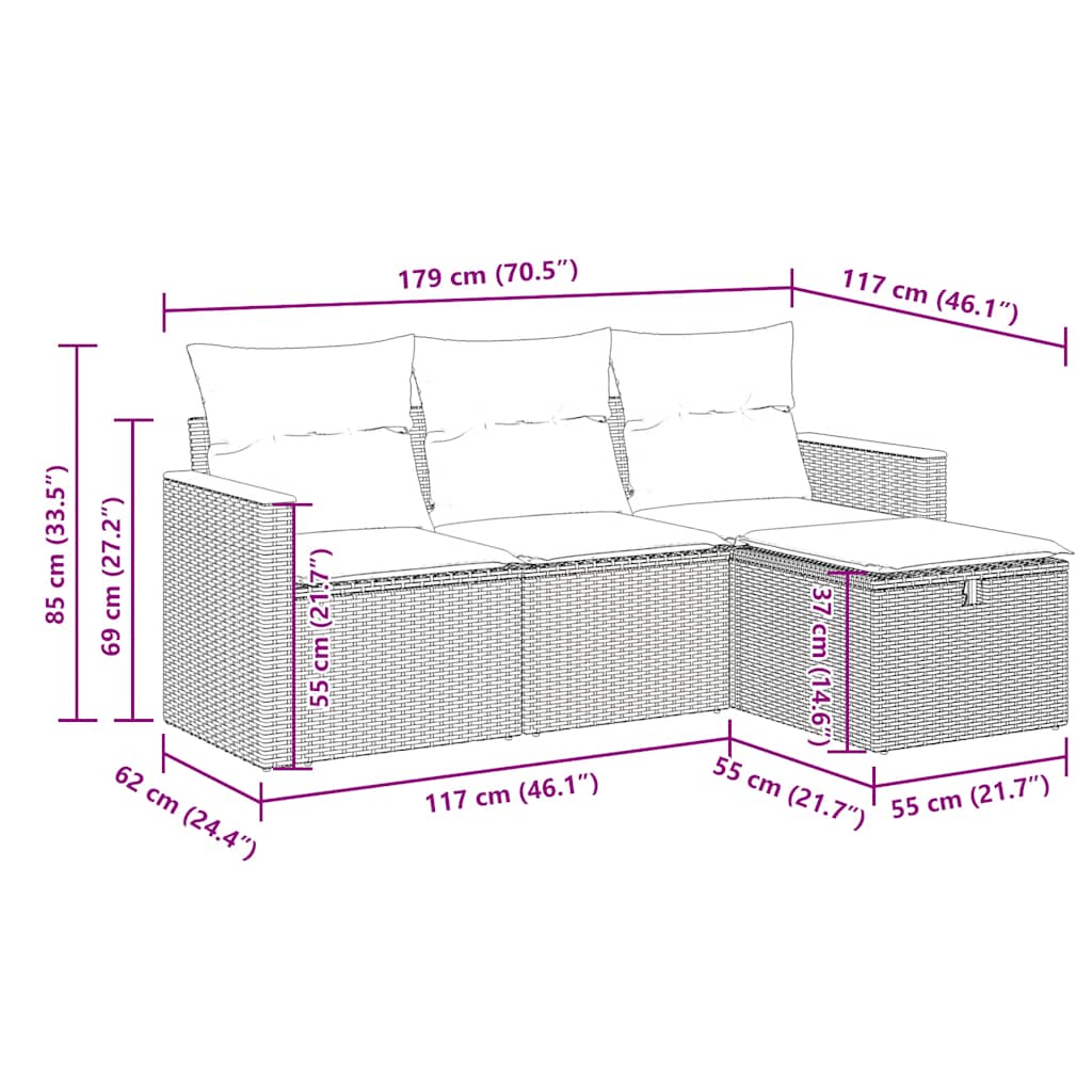 4-tlg. Garten-Sofagarnitur mit Kissen Schwarz Poly Rattan