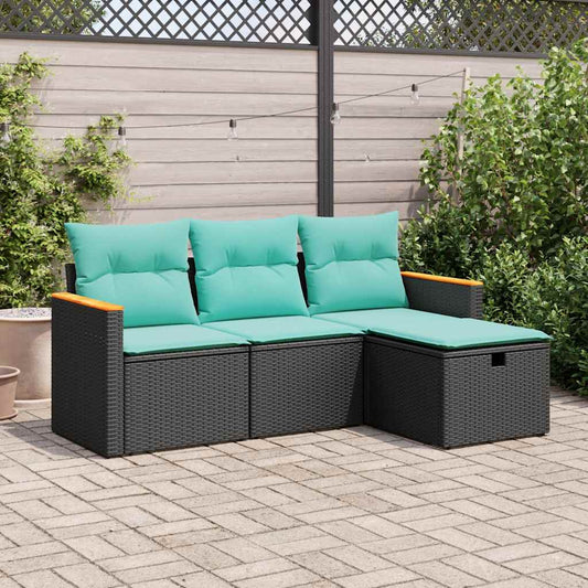 4-tlg. Garten-Sofagarnitur mit Kissen Schwarz Poly Rattan