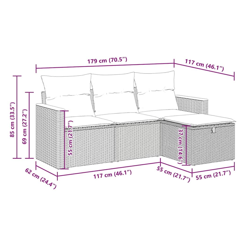 4-tlg. Garten-Sofagarnitur mit Kissen Beige Poly Rattan
