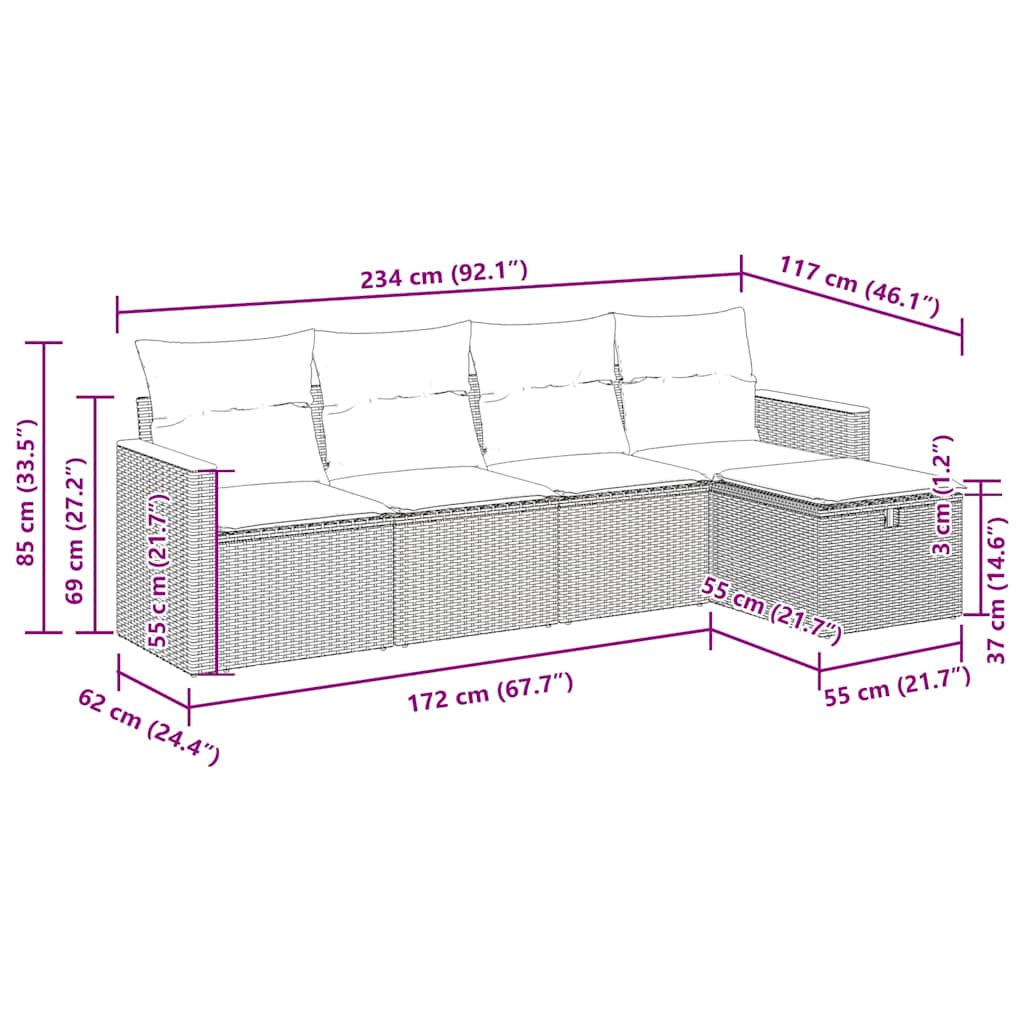 5-tlg. Garten-Sofagarnitur mit Kissen Schwarz Poly Rattan