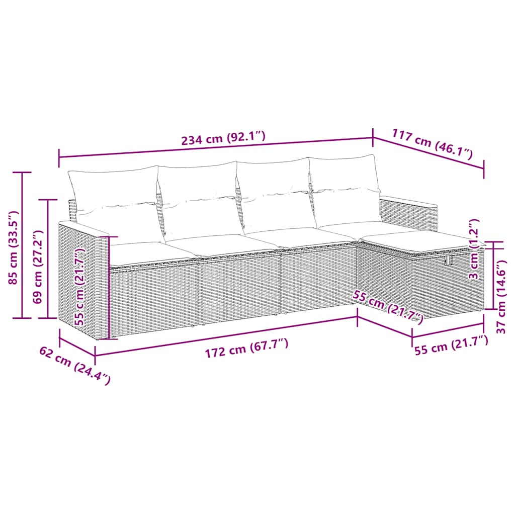 5-tlg. Garten-Sofagarnitur mit Kissen Schwarz Poly Rattan