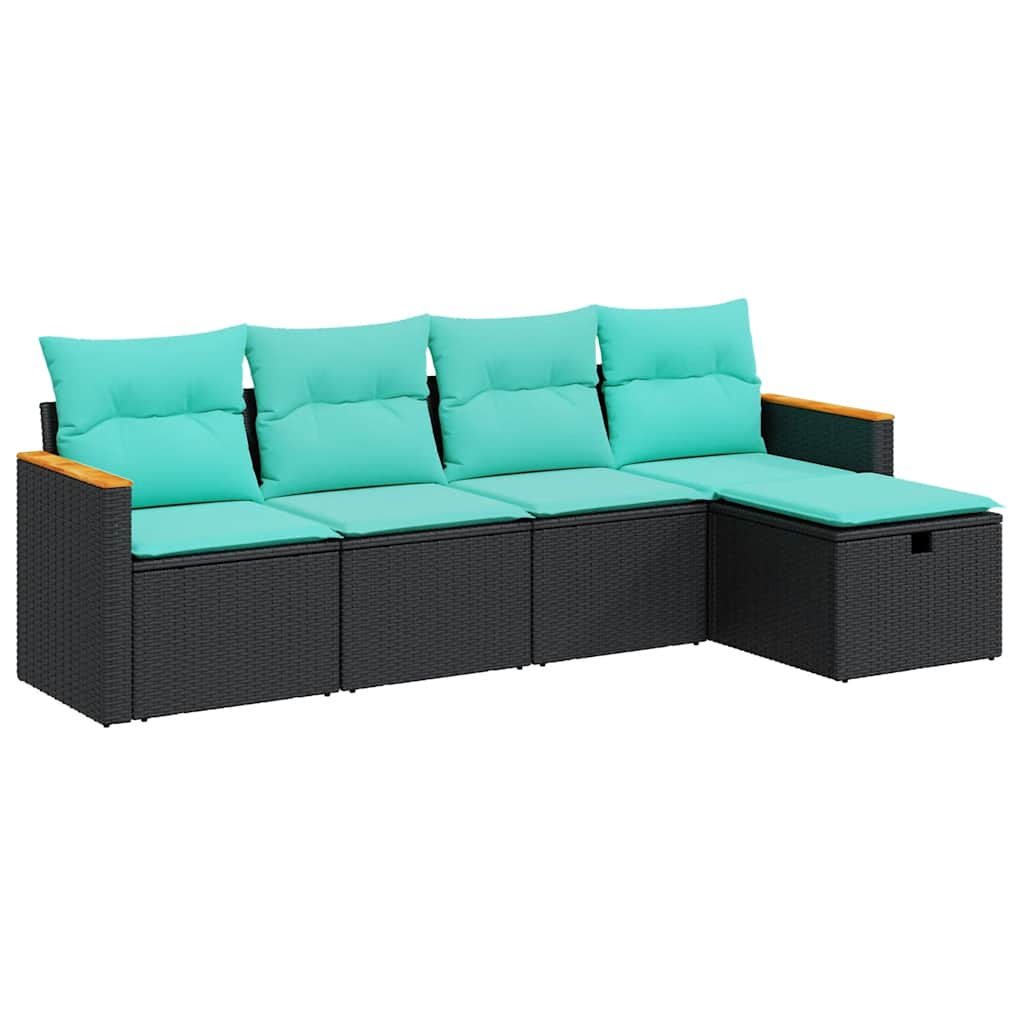 5-tlg. Garten-Sofagarnitur mit Kissen Schwarz Poly Rattan