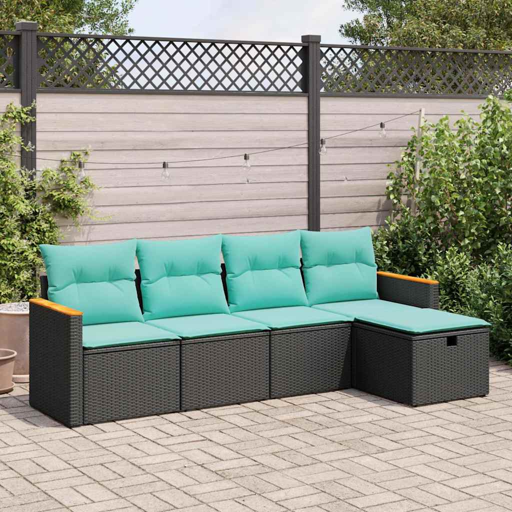 5-tlg. Garten-Sofagarnitur mit Kissen Schwarz Poly Rattan