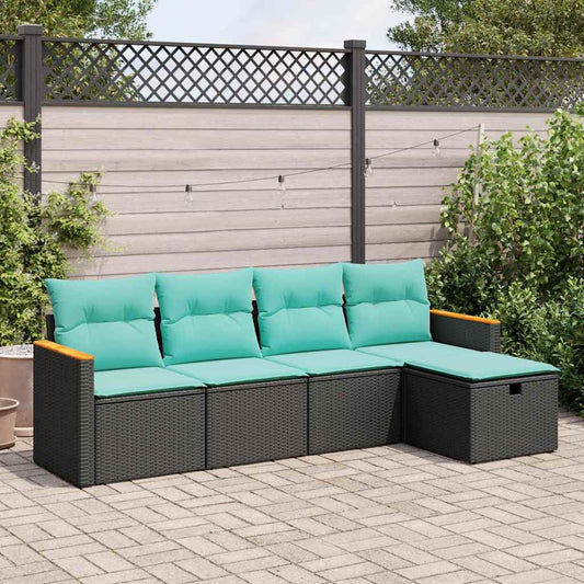 5-tlg. Garten-Sofagarnitur mit Kissen Schwarz Poly Rattan
