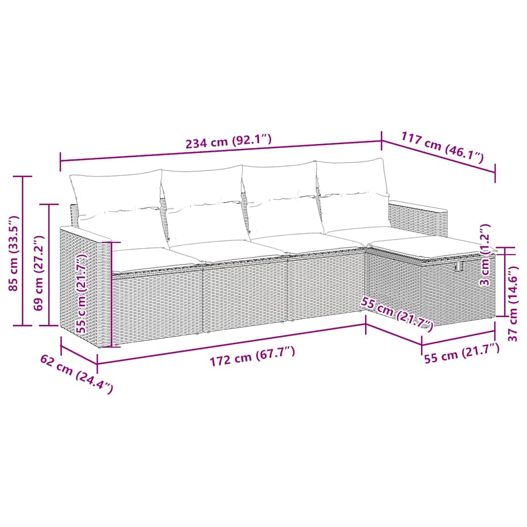 5-tlg. Garten-Sofagarnitur mit Kissen Grau Poly Rattan