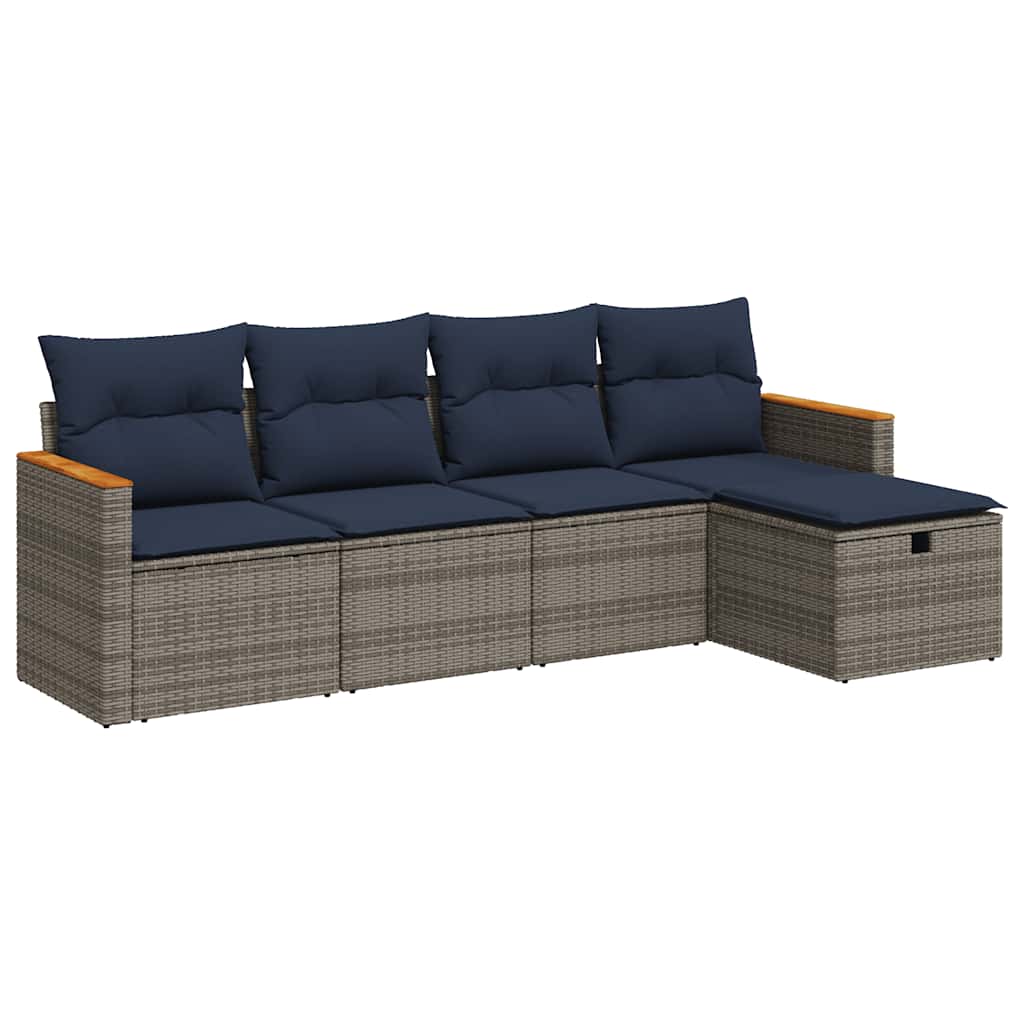 5-tlg. Garten-Sofagarnitur mit Kissen Grau Poly Rattan
