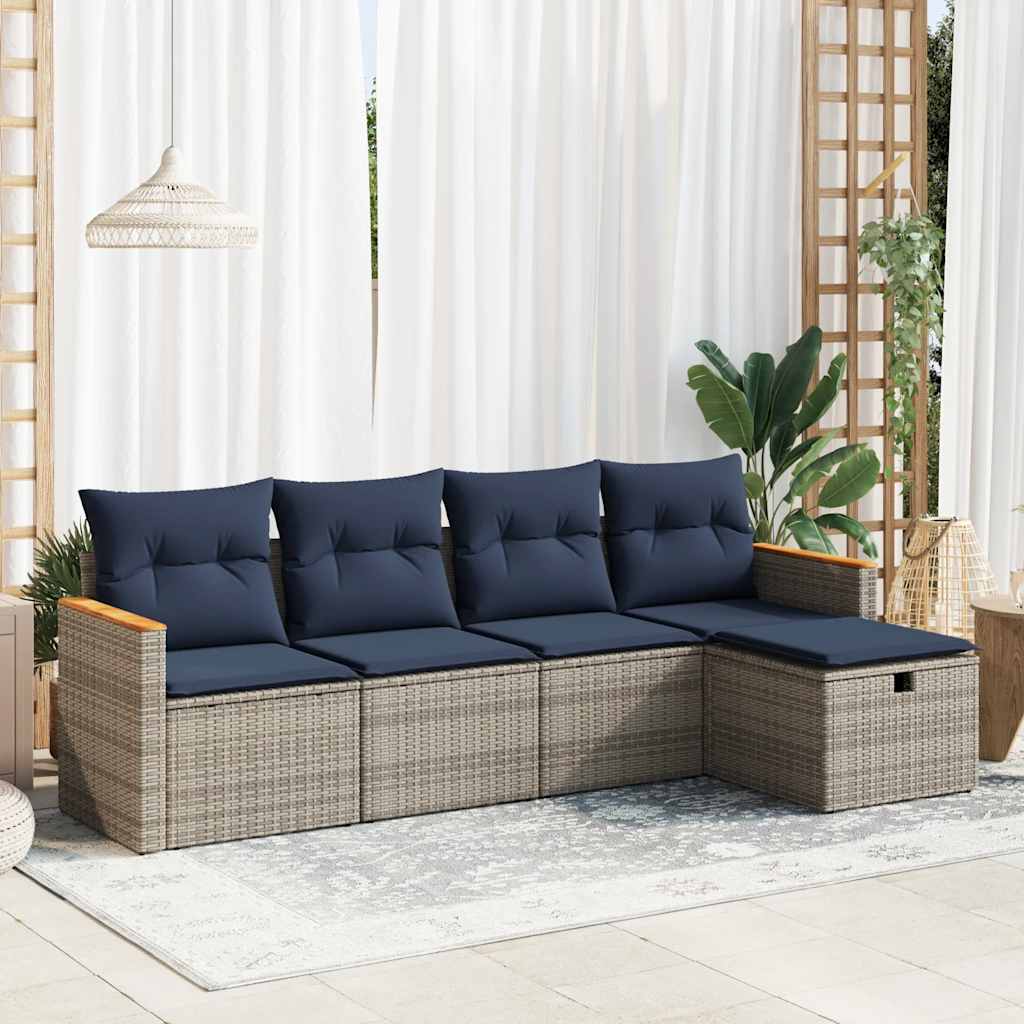 5-tlg. Garten-Sofagarnitur mit Kissen Grau Poly Rattan