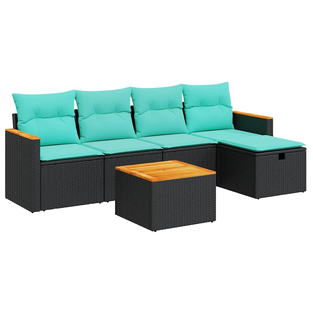 6-tlg. Garten-Sofagarnitur mit Kissen Schwarz Poly Rattan