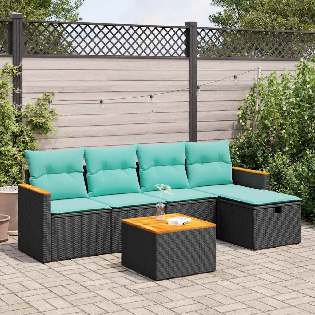 6-tlg. Garten-Sofagarnitur mit Kissen Schwarz Poly Rattan