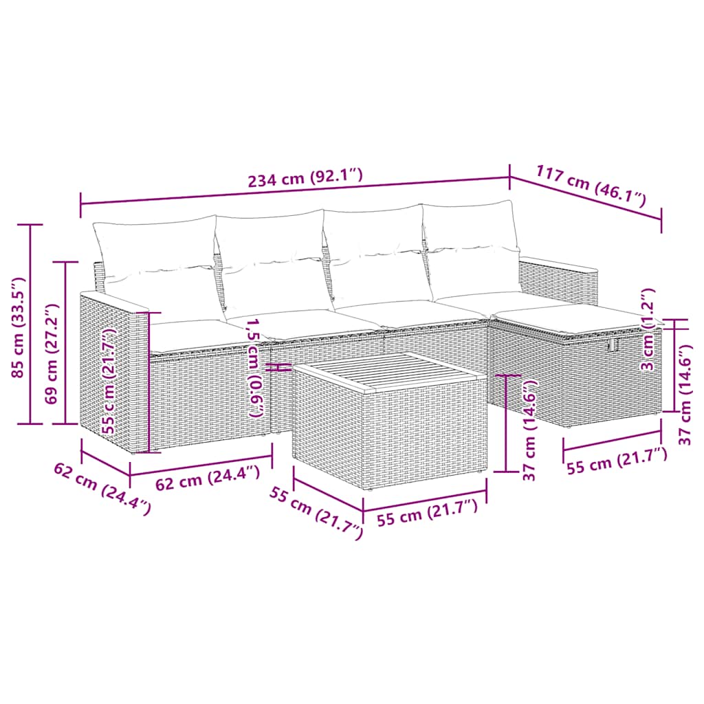 6-tlg. Garten-Sofagarnitur mit Kissen Grau Poly Rattan