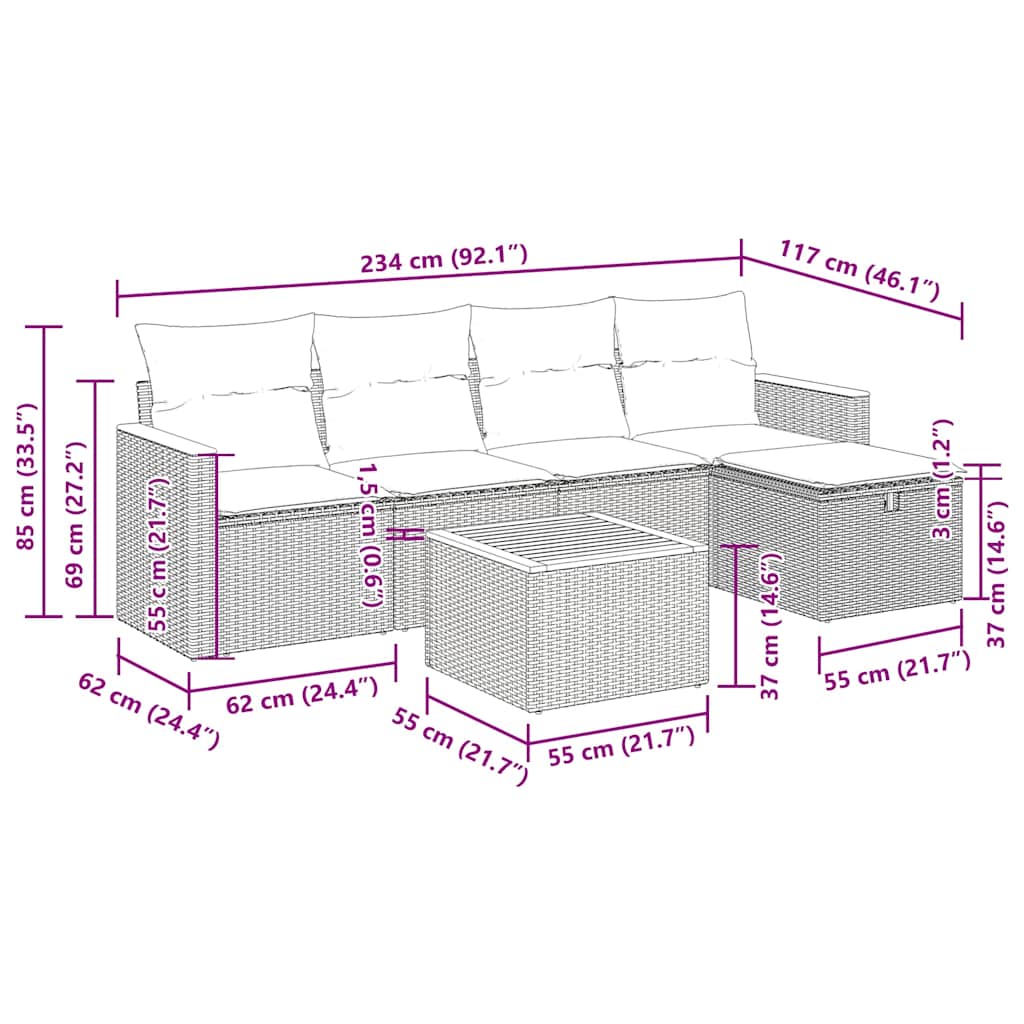 6-tlg. Garten-Sofagarnitur mit Kissen Grau Poly Rattan
