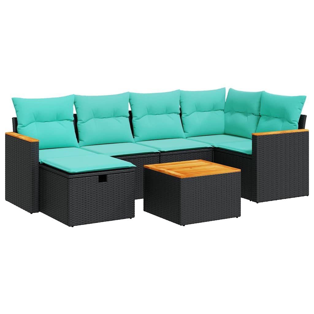 7-tlg. Garten-Sofagarnitur mit Kissen Schwarz Poly Rattan