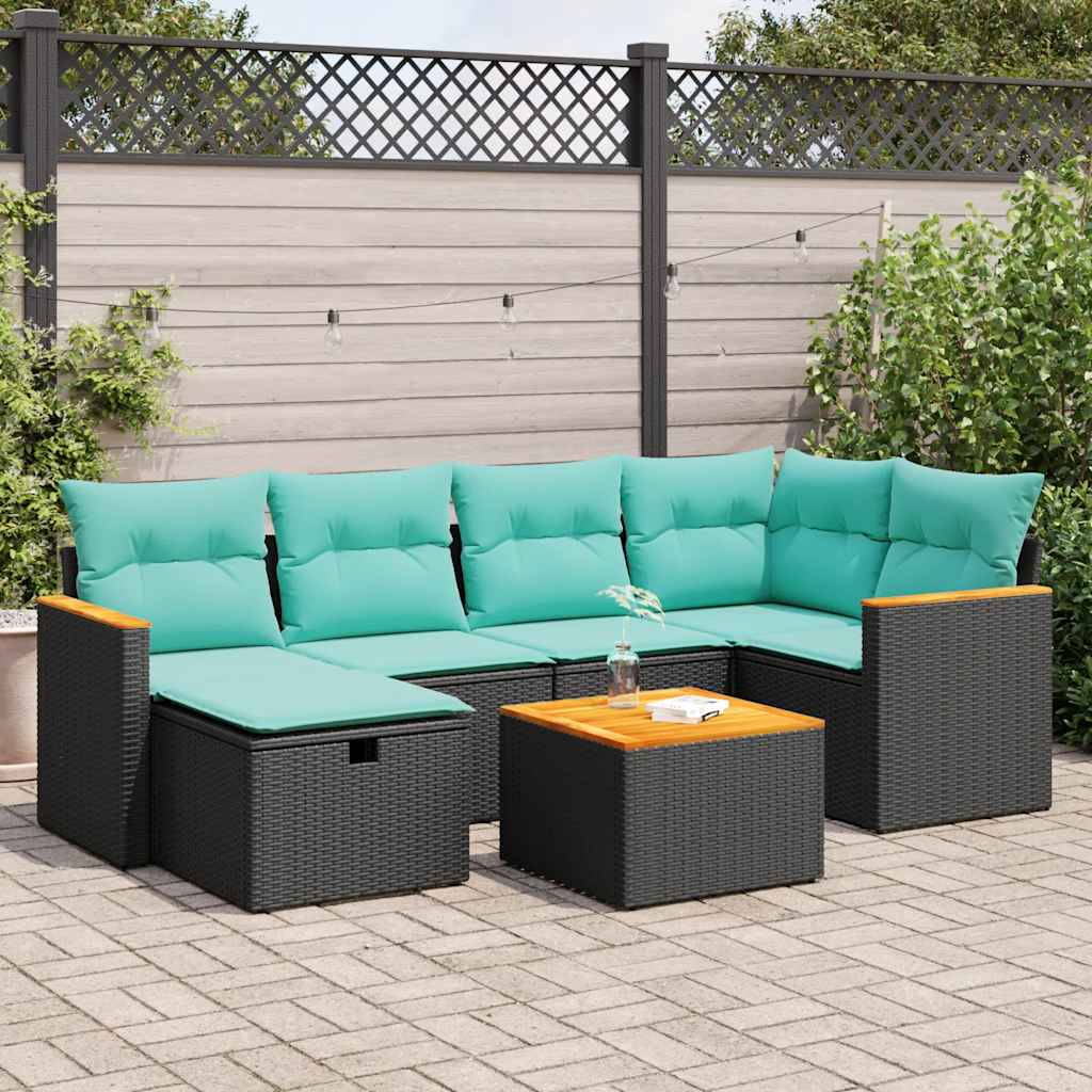 7-tlg. Garten-Sofagarnitur mit Kissen Schwarz Poly Rattan