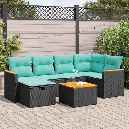 7-tlg. Garten-Sofagarnitur mit Kissen Schwarz Poly Rattan