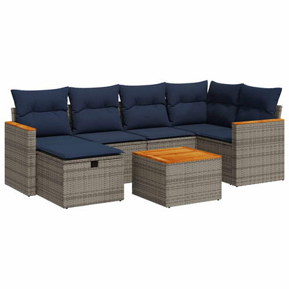 7-tlg. Garten-Sofagarnitur mit Kissen Grau Poly Rattan