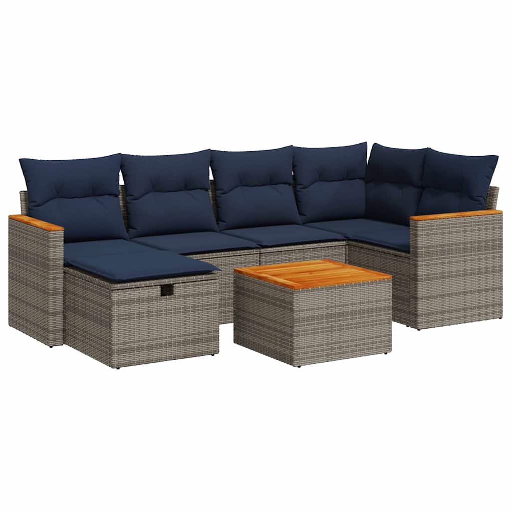 7-tlg. Garten-Sofagarnitur mit Kissen Grau Poly Rattan