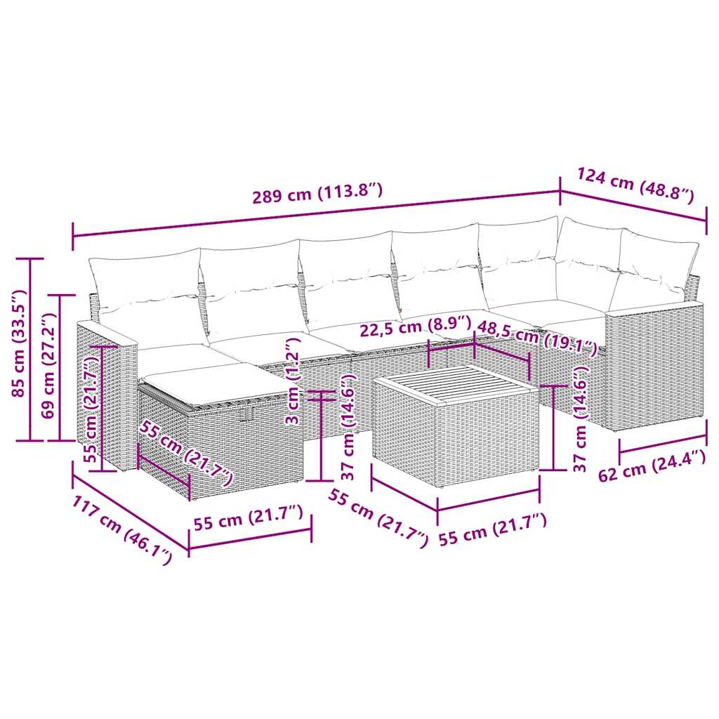 8-tlg. Garten-Sofagarnitur mit Kissen Schwarz Poly Rattan