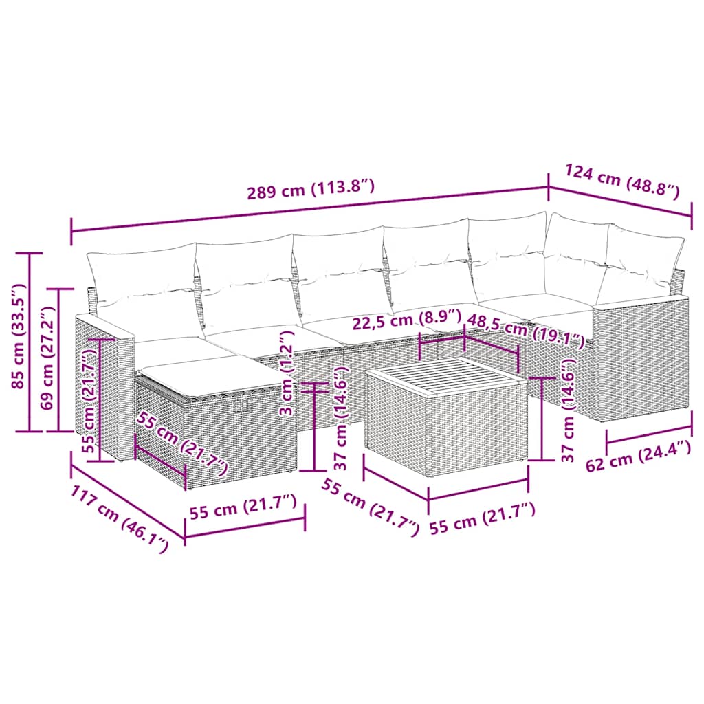 8-tlg. Garten-Sofagarnitur mit Kissen Grau Poly Rattan