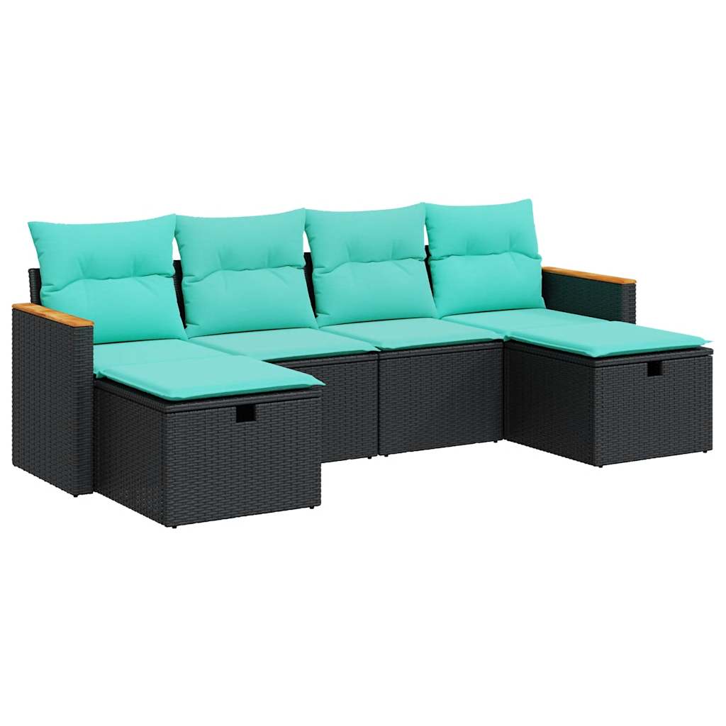 6-tlg. Garten-Sofagarnitur mit Kissen Schwarz Poly Rattan