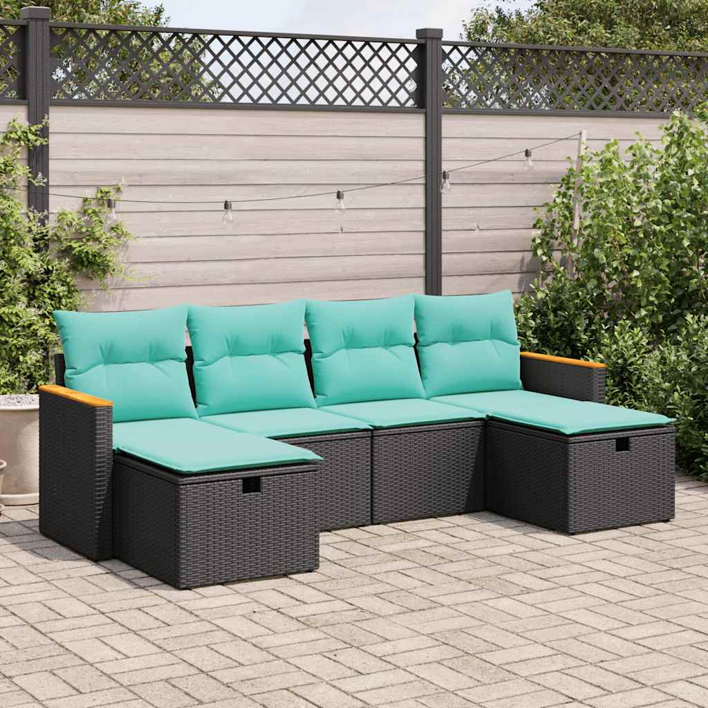 6-tlg. Garten-Sofagarnitur mit Kissen Schwarz Poly Rattan