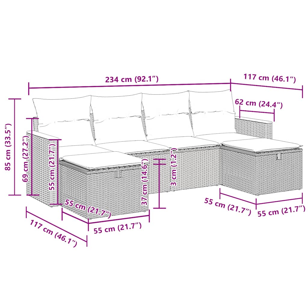 6-tlg. Garten-Sofagarnitur mit Kissen Grau Poly Rattan