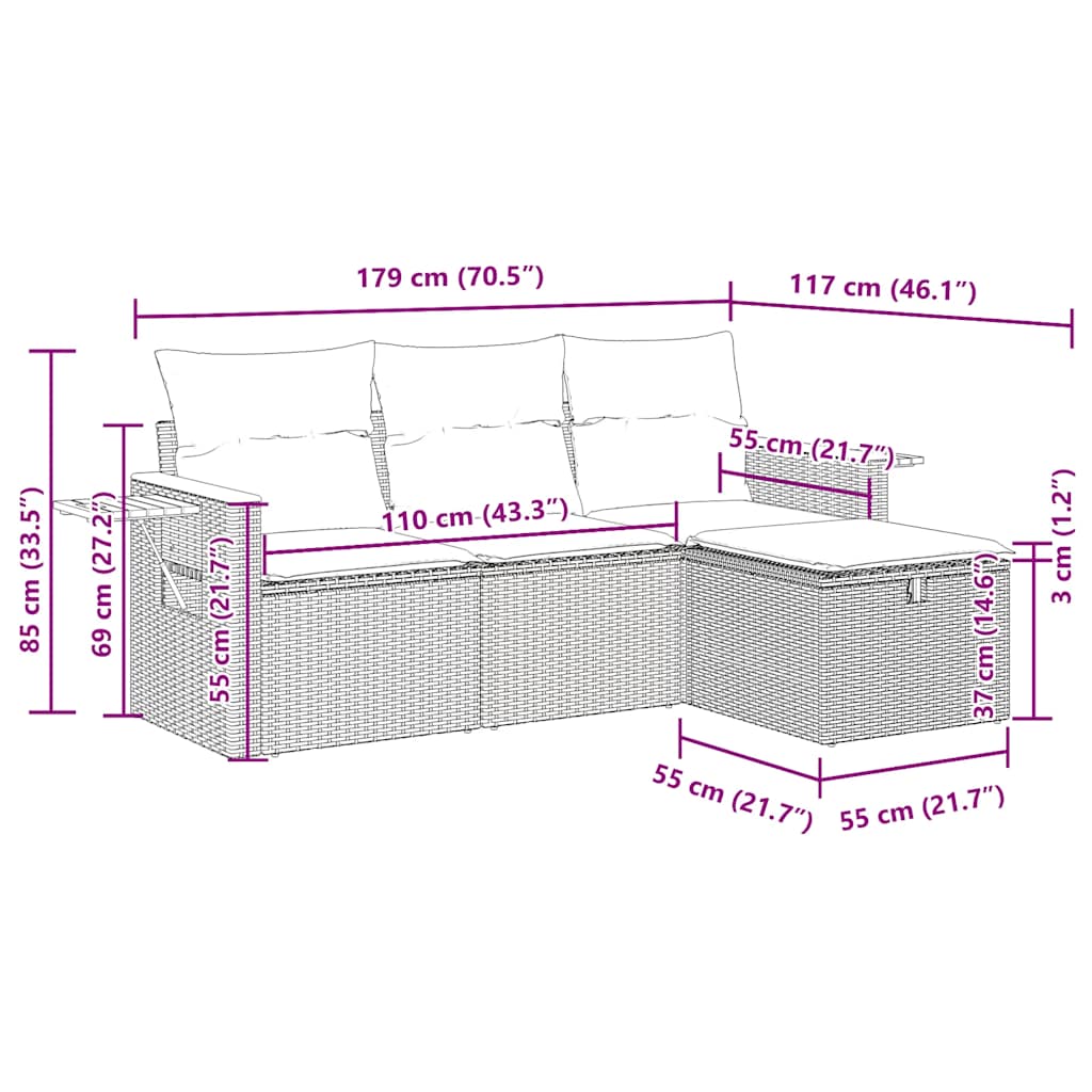 4-tlg. Garten-Sofagarnitur mit Kissen Grau Poly Rattan