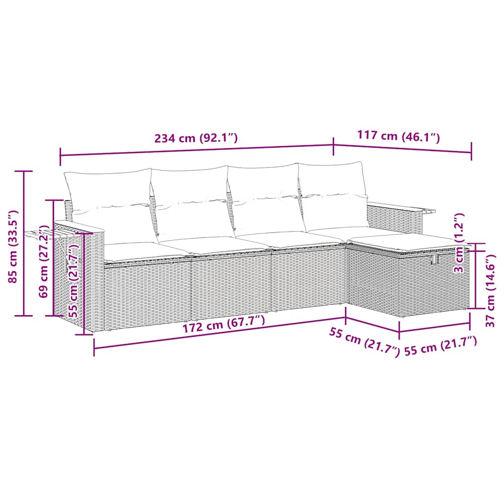 5-tlg. Garten-Sofagarnitur mit Kissen Schwarz Poly Rattan