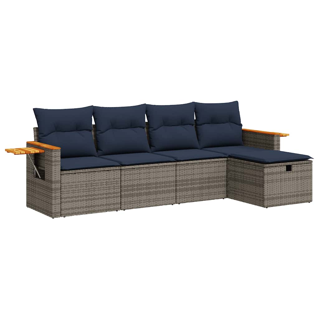 5-tlg. Garten-Sofagarnitur mit Kissen Grau Poly Rattan
