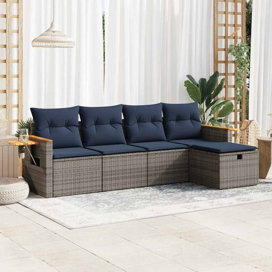 5-tlg. Garten-Sofagarnitur mit Kissen Grau Poly Rattan