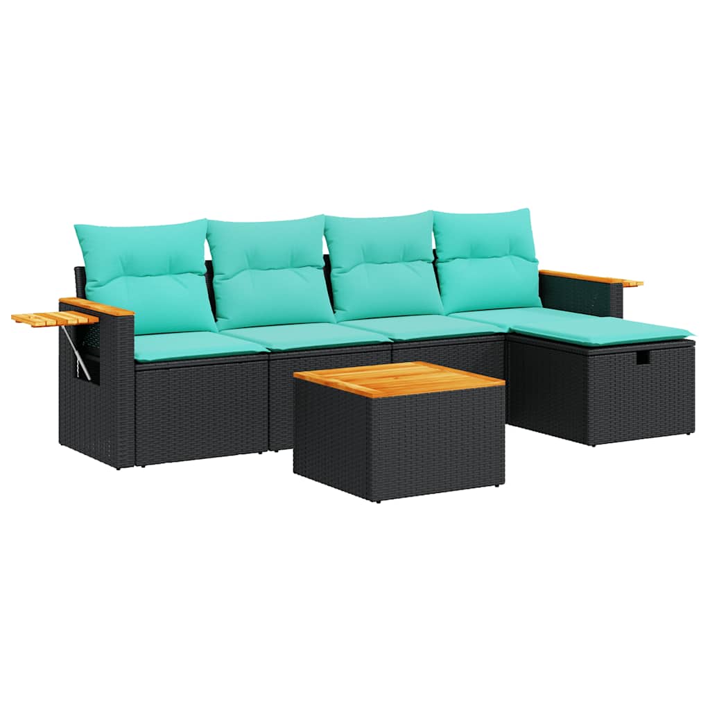 6-tlg. Garten-Sofagarnitur mit Kissen Schwarz Poly Rattan