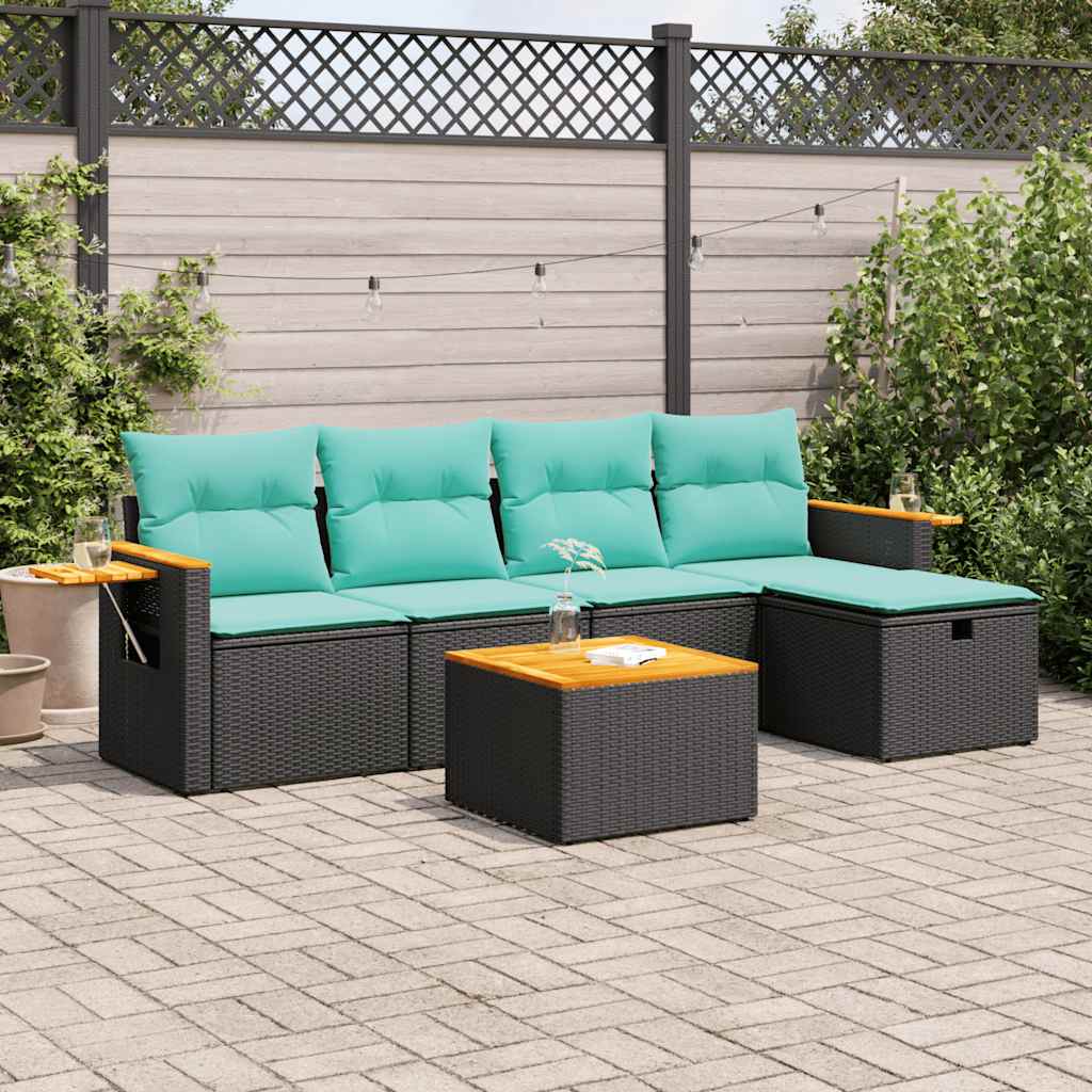 6-tlg. Garten-Sofagarnitur mit Kissen Schwarz Poly Rattan