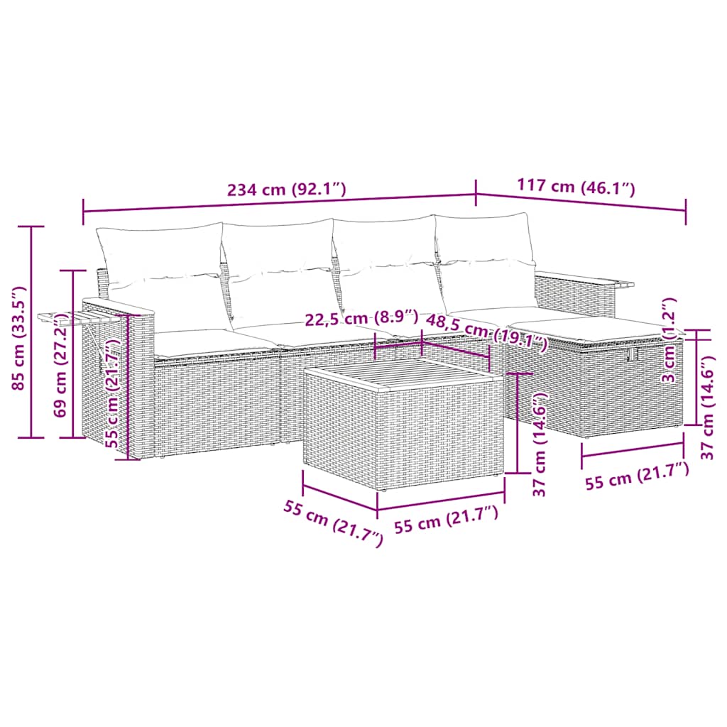 6-tlg. Garten-Sofagarnitur mit Kissen Grau Poly Rattan