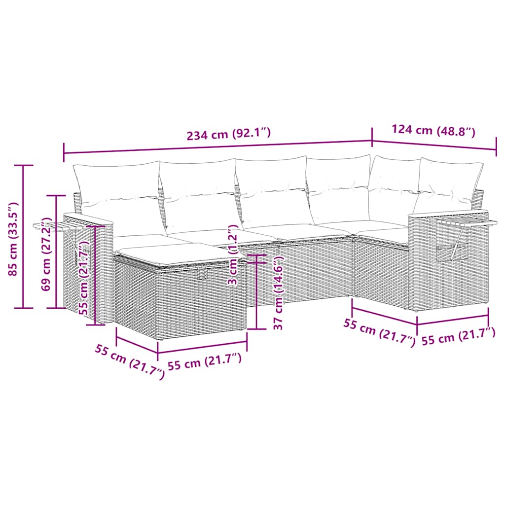 6-tlg. Garten-Sofagarnitur mit Kissen Schwarz Poly Rattan