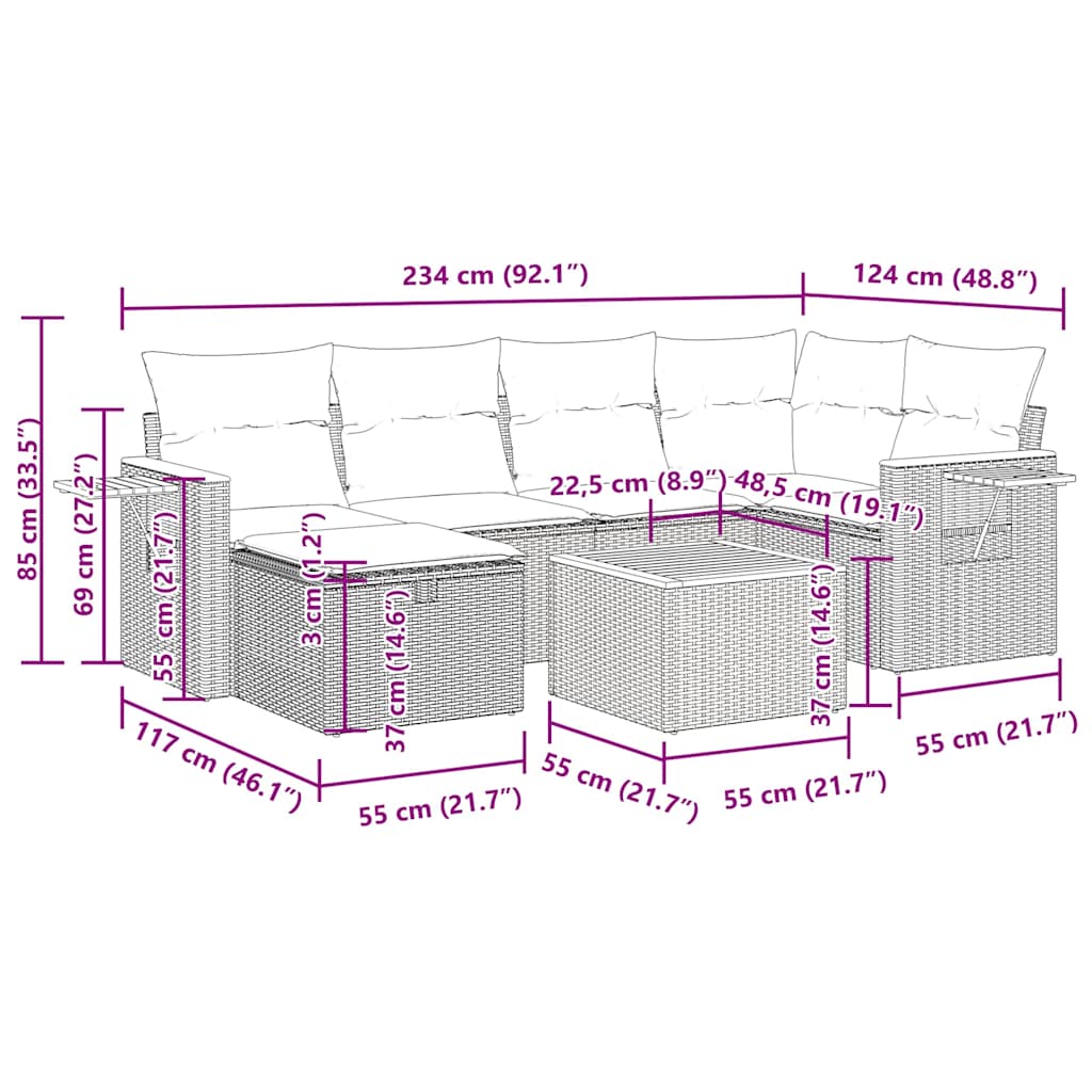 7-tlg. Garten-Sofagarnitur mit Kissen Schwarz Poly Rattan