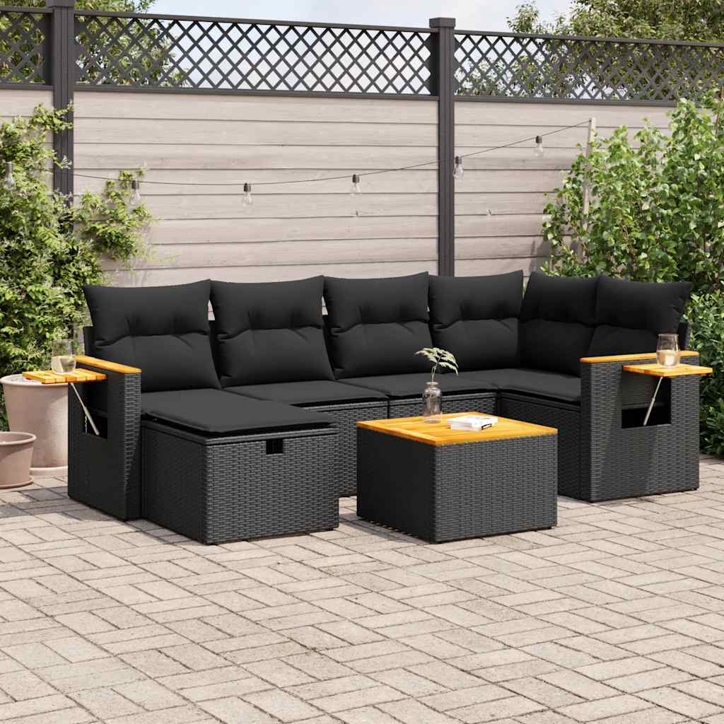 7-tlg. Garten-Sofagarnitur mit Kissen Schwarz Poly Rattan