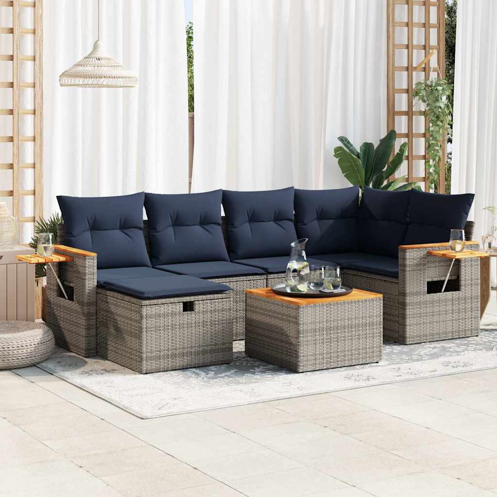 7-tlg. Garten-Sofagarnitur mit Kissen Grau Poly Rattan