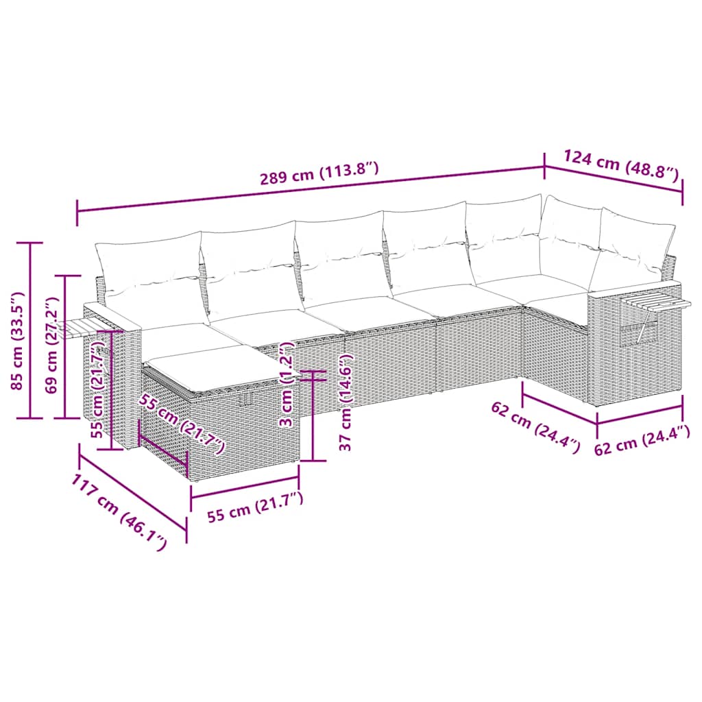 7-tlg. Garten-Sofagarnitur mit Kissen Schwarz Poly Rattan