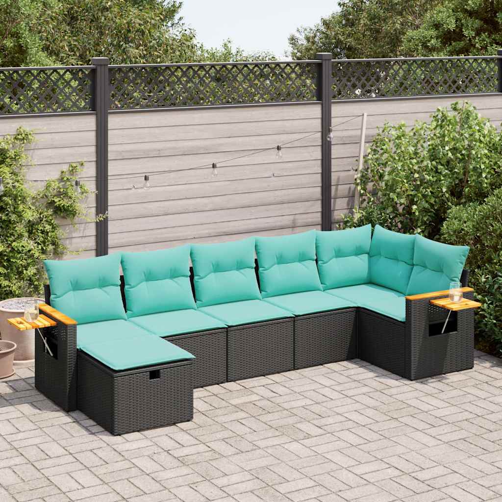 7-tlg. Garten-Sofagarnitur mit Kissen Schwarz Poly Rattan