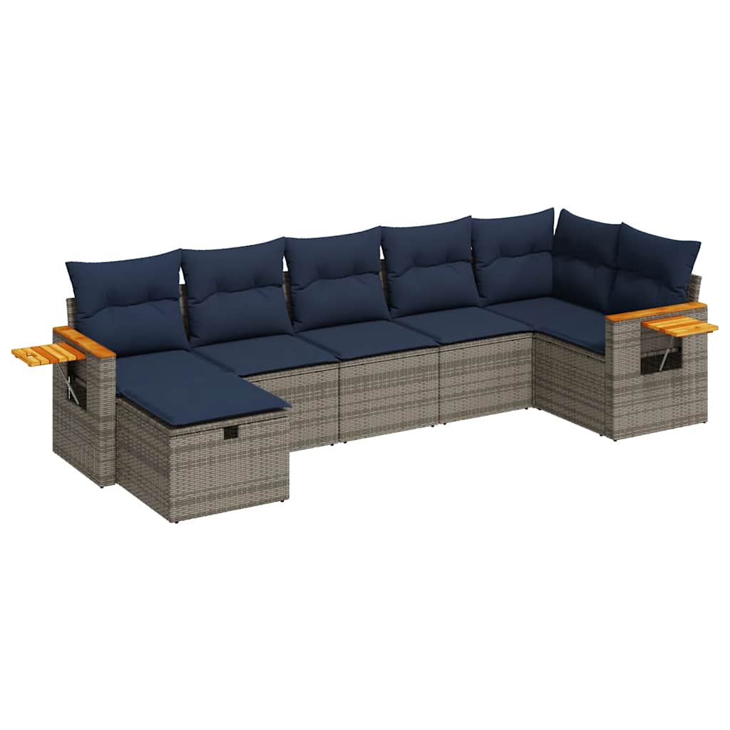 7-tlg. Garten-Sofagarnitur mit Kissen Grau Poly Rattan