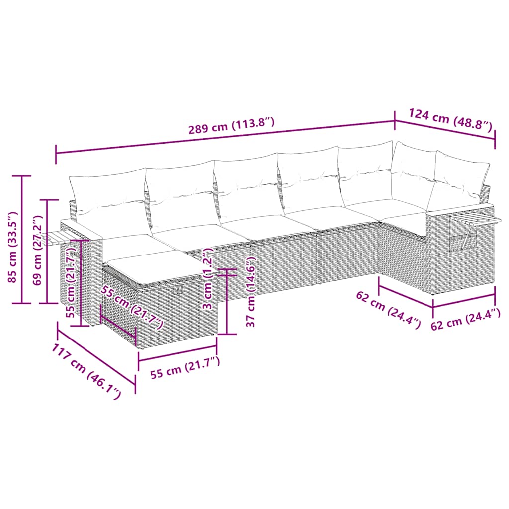7-tlg. Garten-Sofagarnitur mit Kissen Grau Poly Rattan