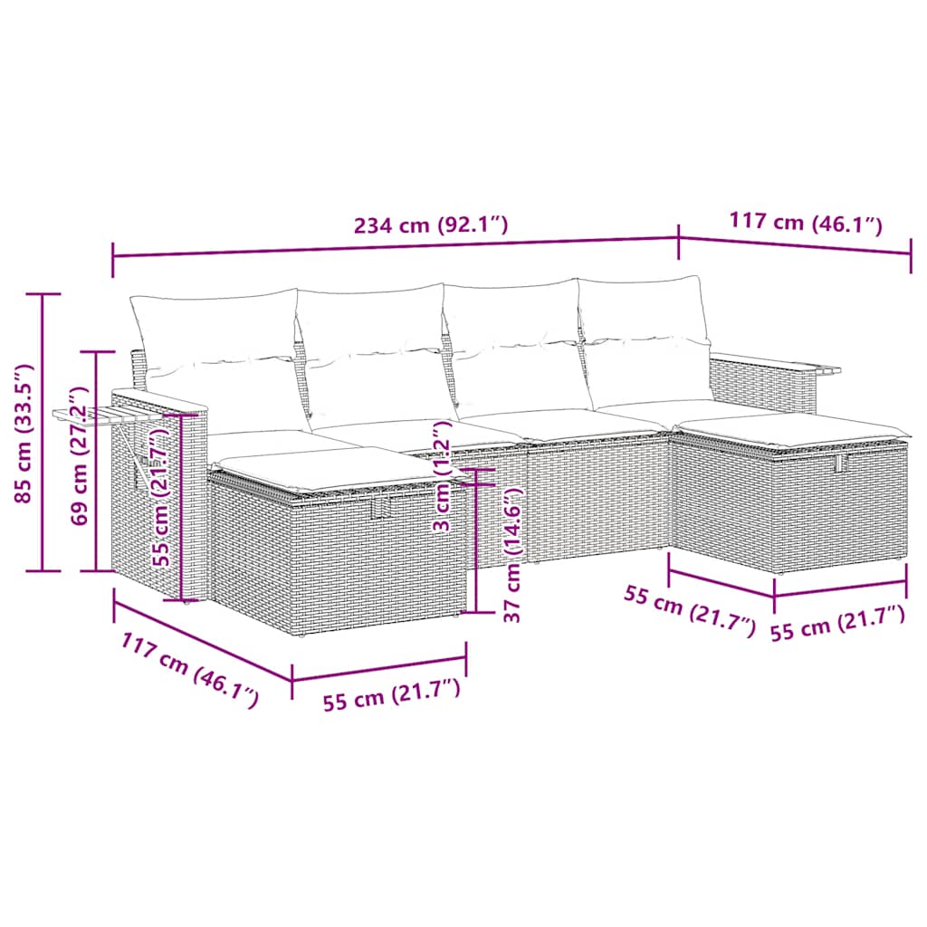 6-tlg. Garten-Sofagarnitur mit Kissen Grau Poly Rattan