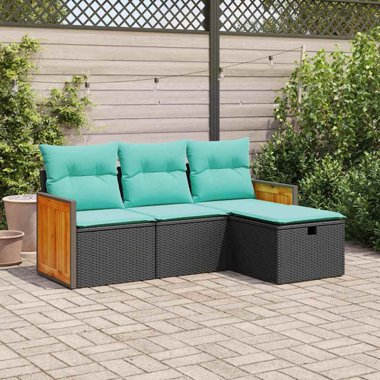 4-tlg. Garten-Sofagarnitur mit Kissen Schwarz Poly Rattan