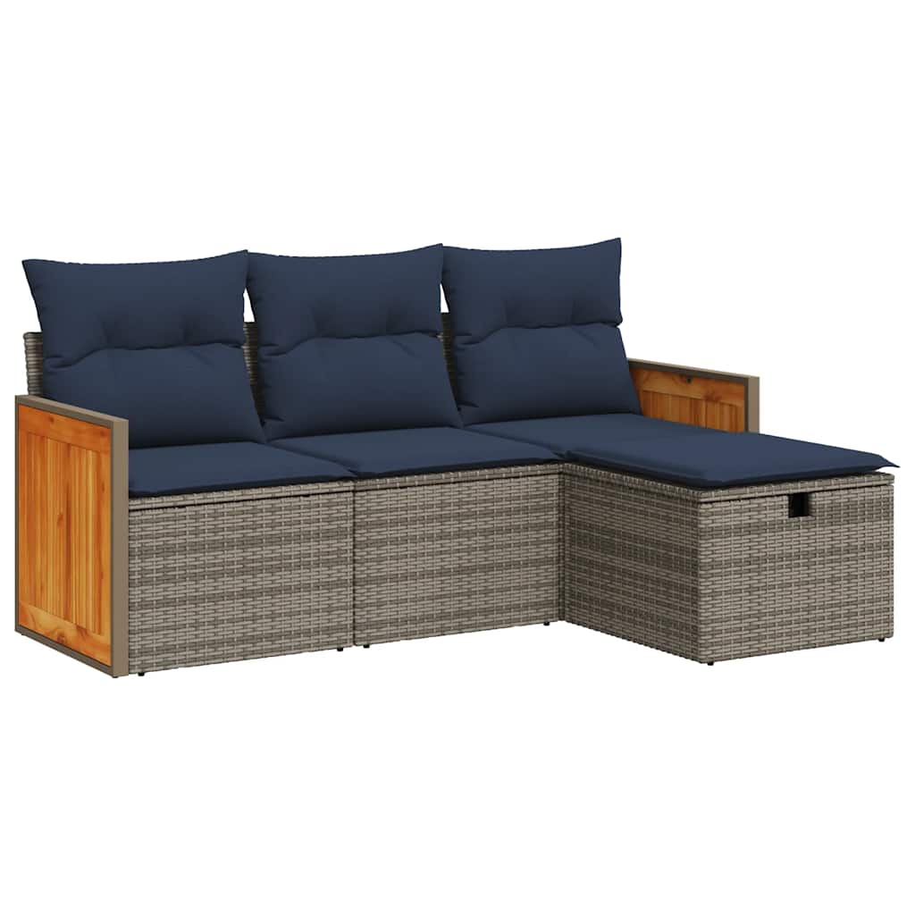 4-tlg. Garten-Sofagarnitur mit Kissen Grau Poly Rattan