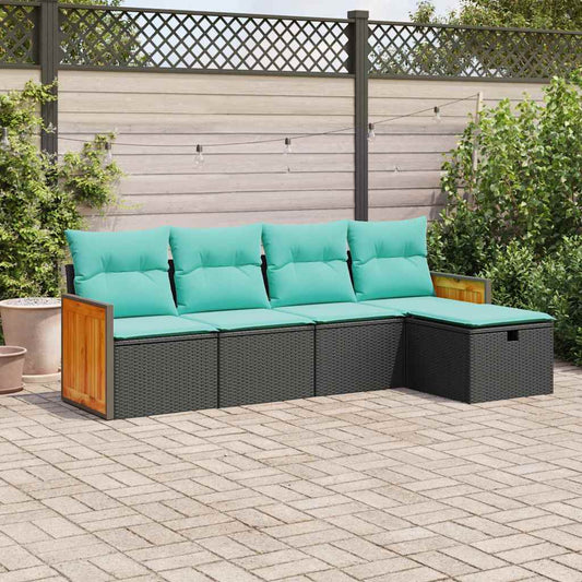 5-tlg. Garten-Sofagarnitur mit Kissen Schwarz Poly Rattan